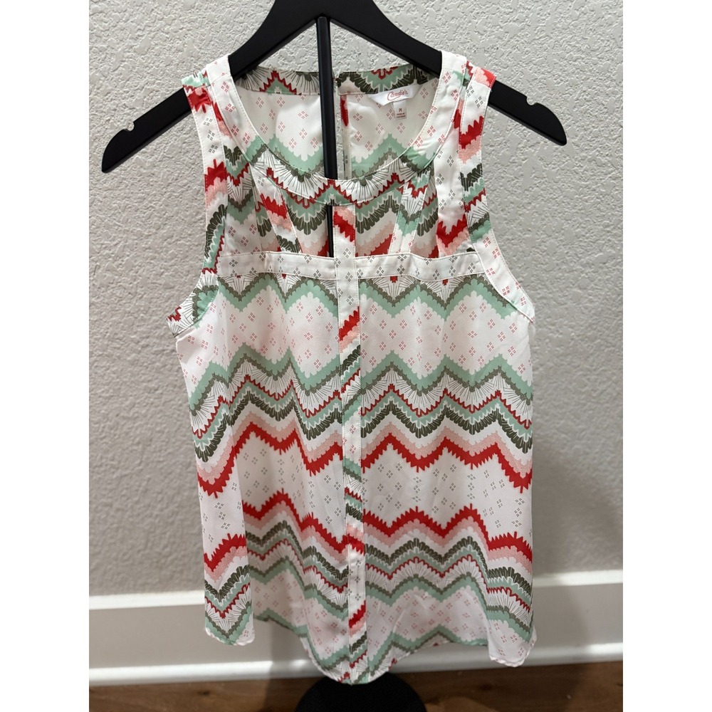 Candie's Womens Top M Sleeveless Green Coral Chevron Boho Cutout Tank‎